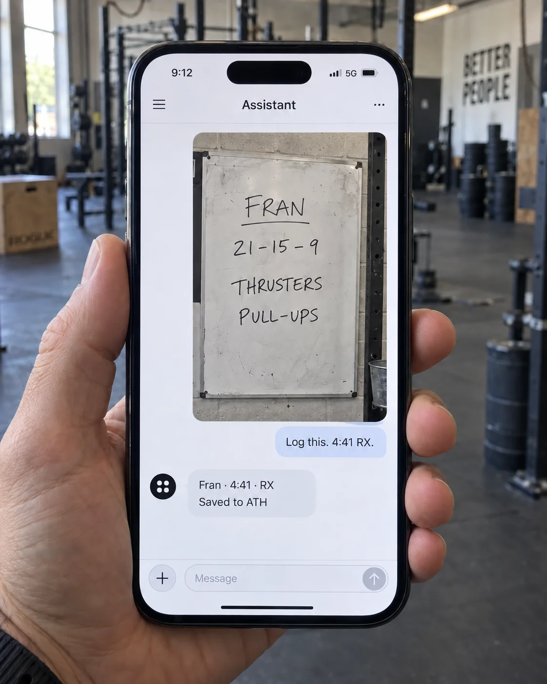 An iPhone AI chat with a photo of the Fran whiteboard and the user’s message: Log this. 4:41 RX.